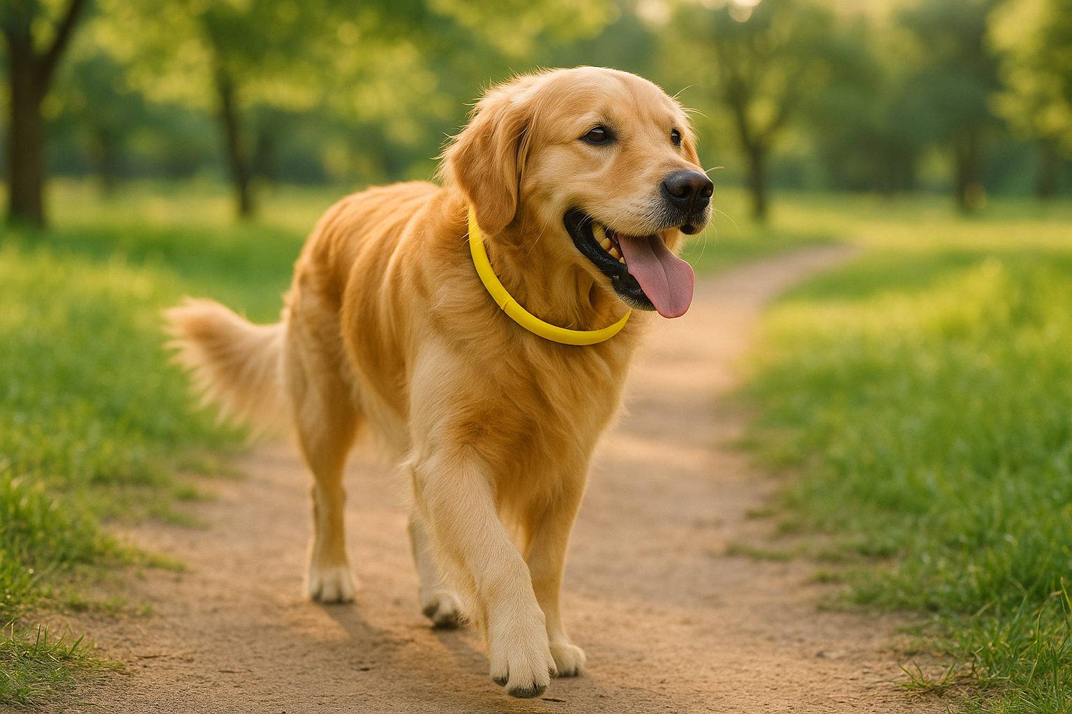 犬の虫除け首輪をつけた夏の散歩風景
