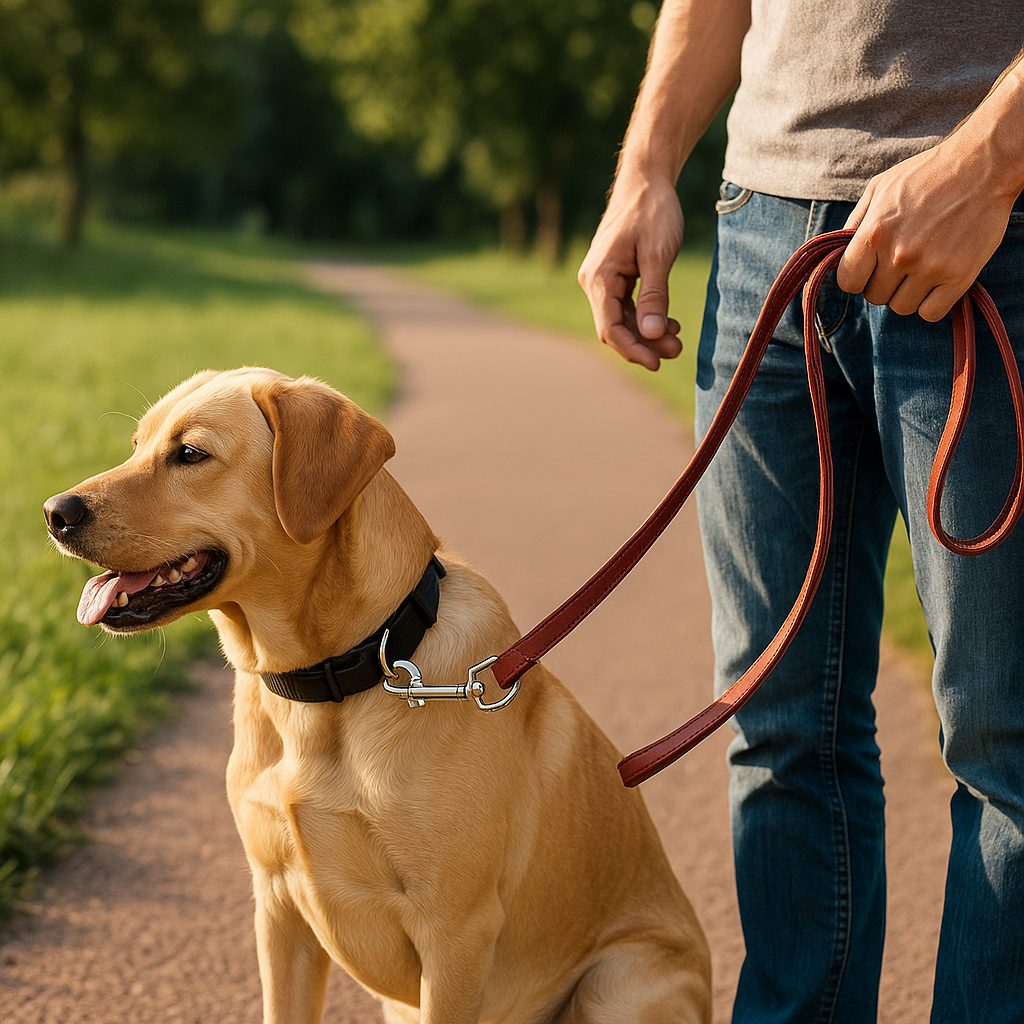 安全な犬用リードで散歩する様子