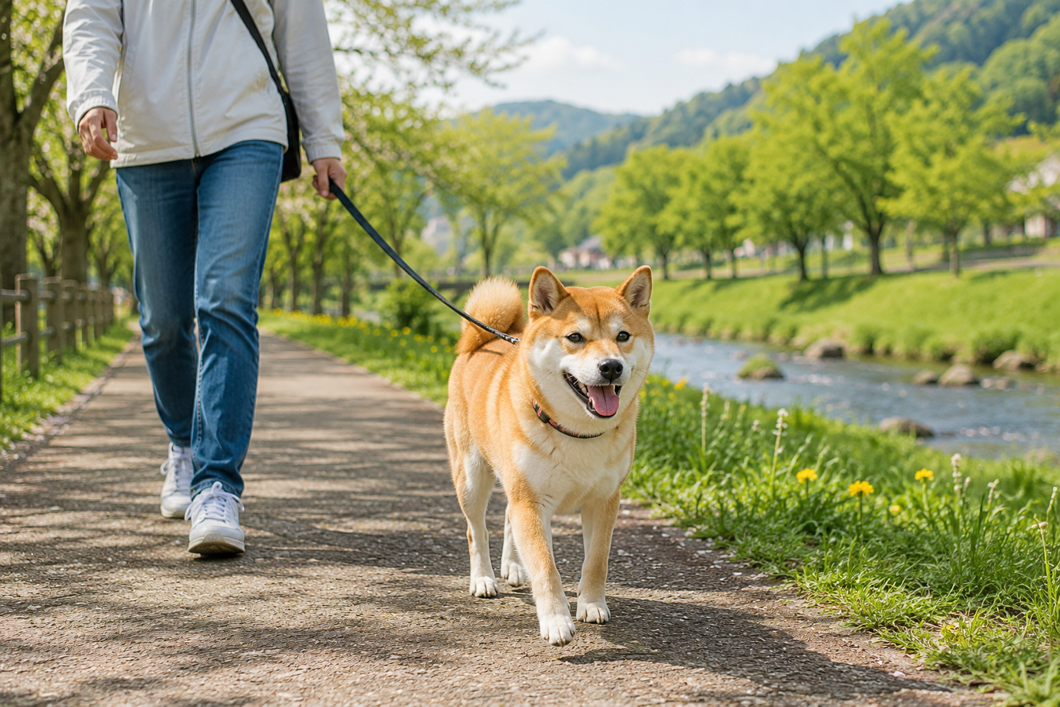 自然の中を楽しそうに散歩する柴犬
