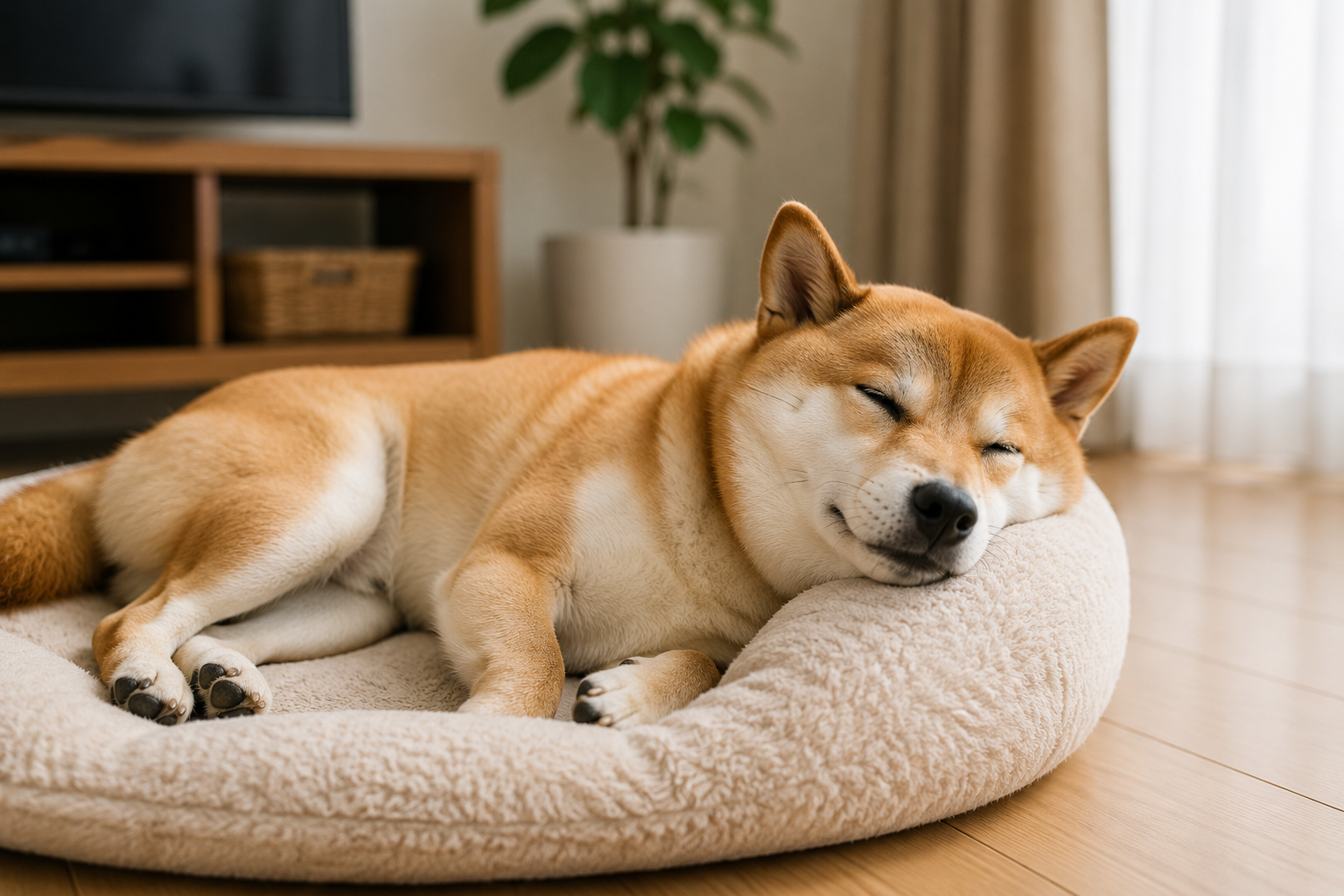 散歩後に安心して休んでいる柴犬