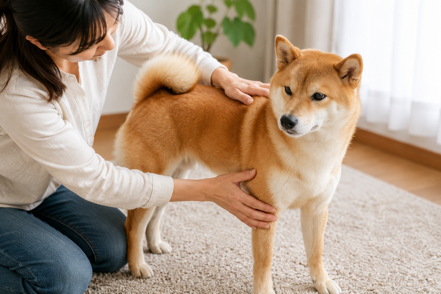 柴犬の健康状態をチェックしている様子