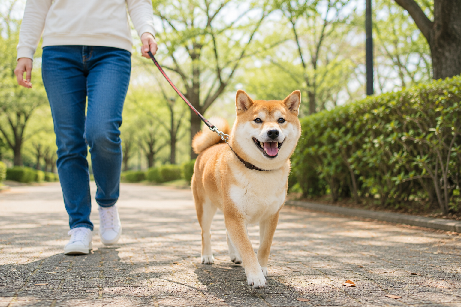 飼い主と健康的に散歩する柴犬