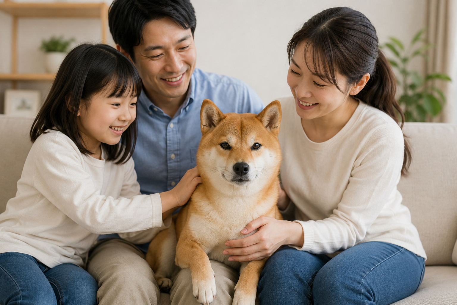 家族と安心して過ごしている柴犬