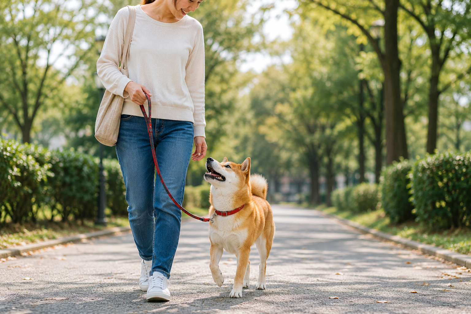 飼い主と信頼関係を築きながら散歩する柴犬