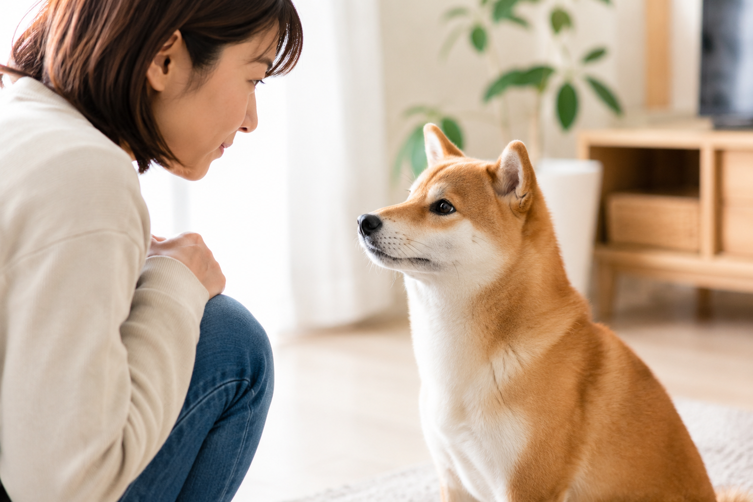 飼い主と信頼関係を築いている柴犬