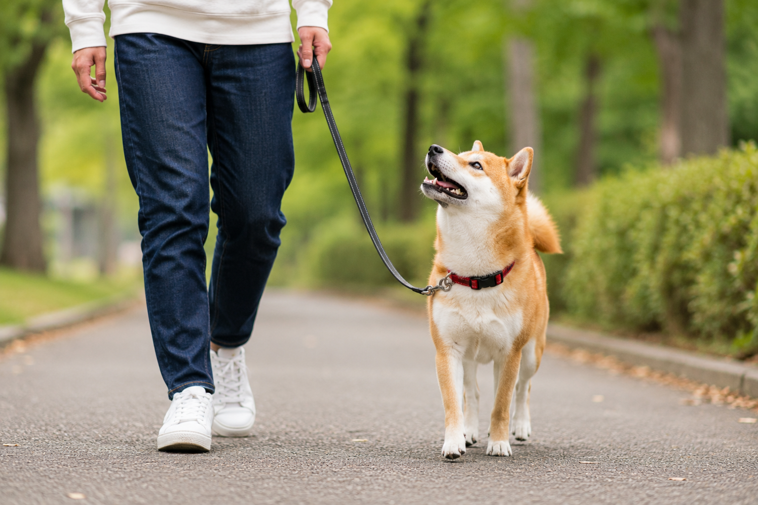 飼い主と安心して散歩している柴犬