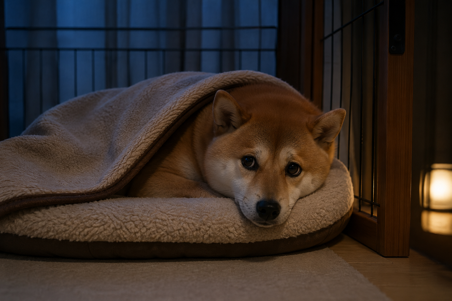 夜に不安そうな表情を見せる柴犬