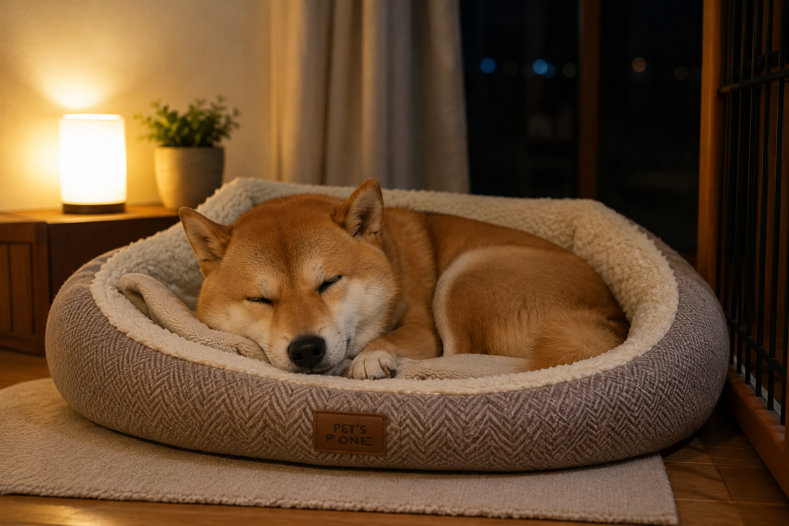 安心できる寝床で眠る柴犬
