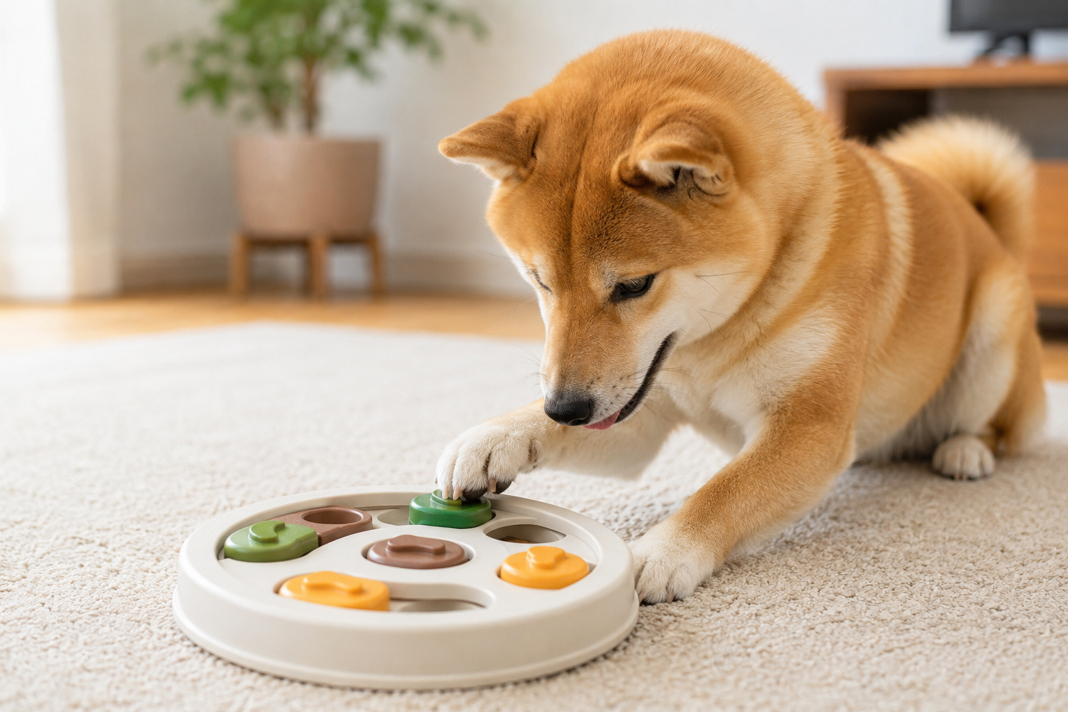 知育トイで遊びながら頭を使っている柴犬