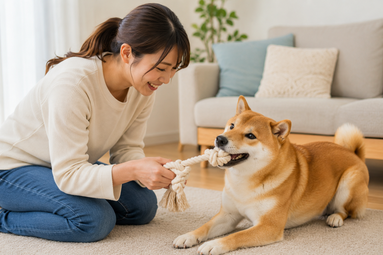 飼い主と安心しながら遊んでいる柴犬
