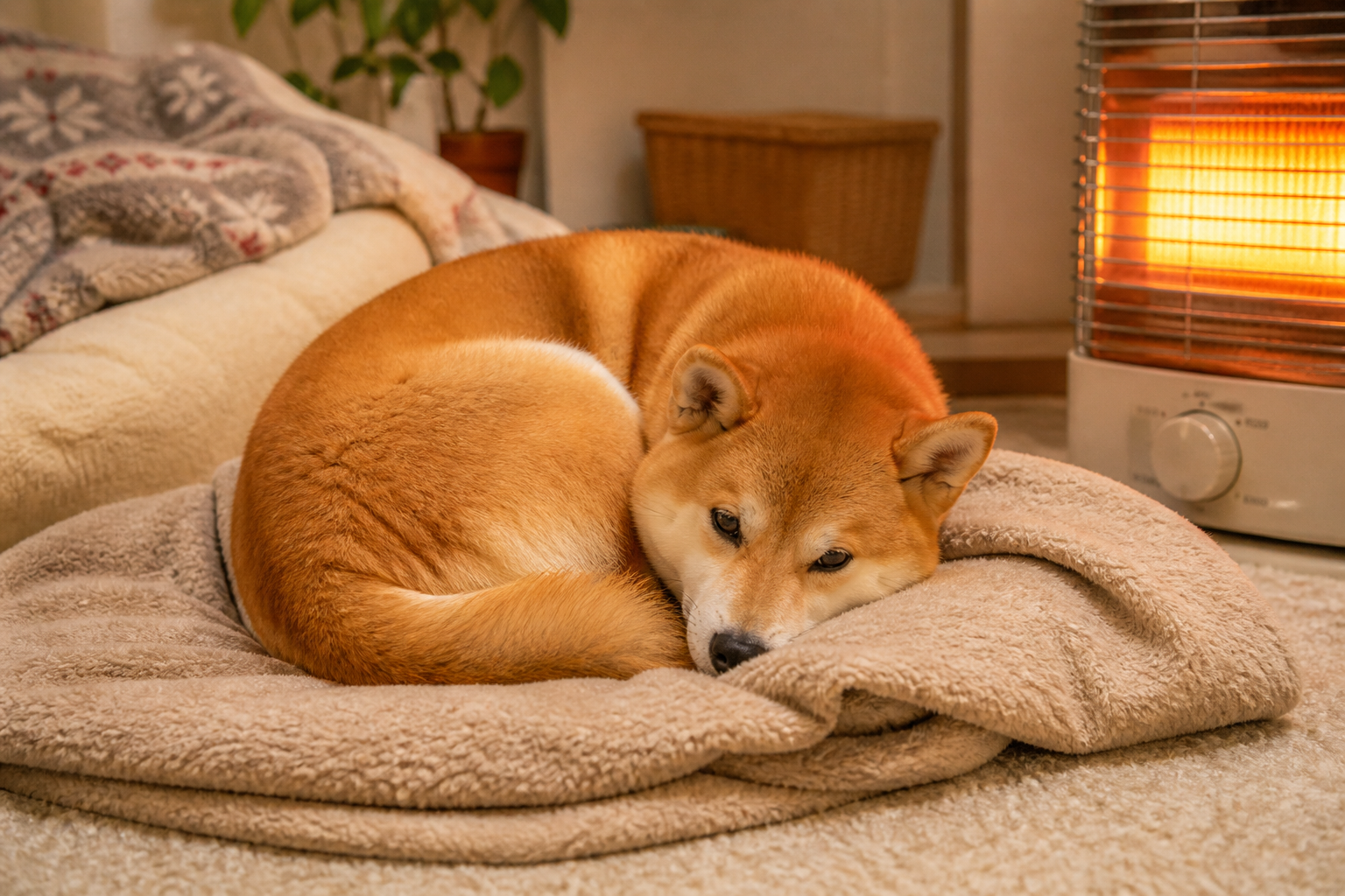 冬の室内で暖かく過ごす柴犬