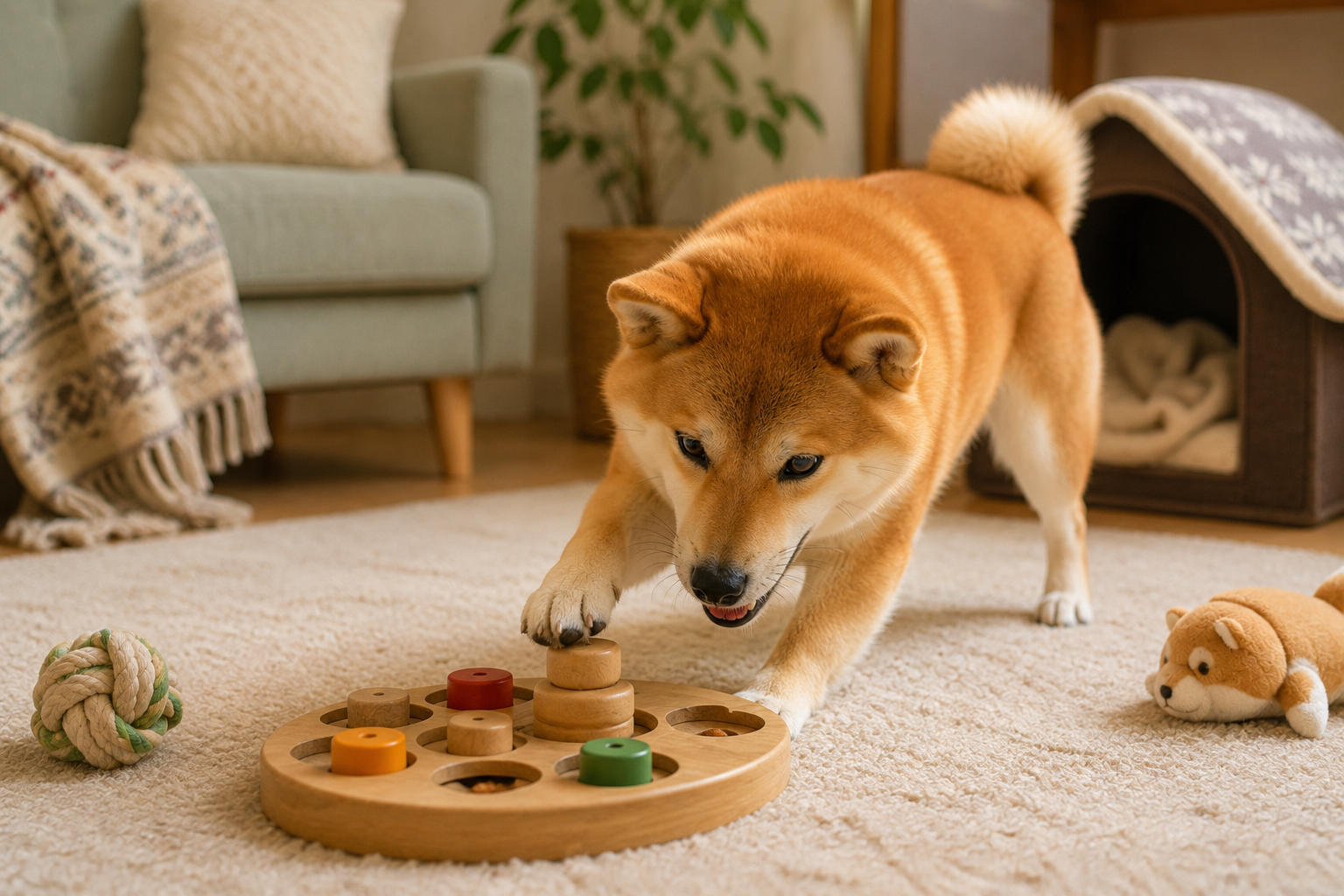 冬の室内で遊ぶ柴犬