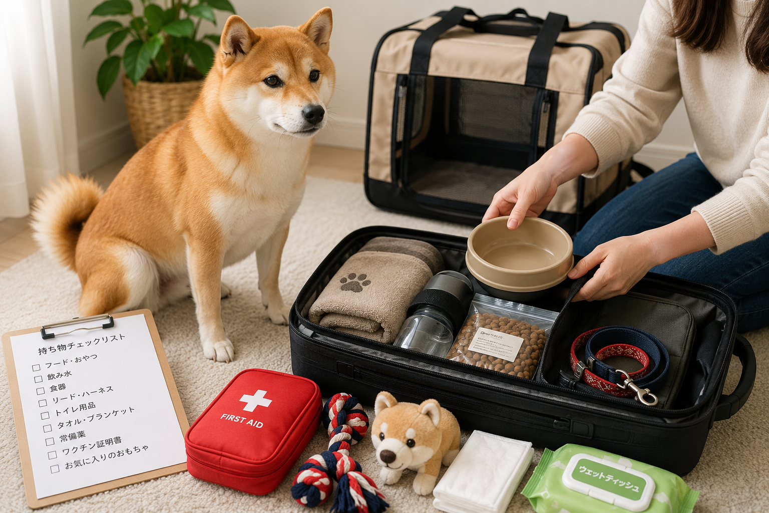 柴犬との旅行準備をしている様子