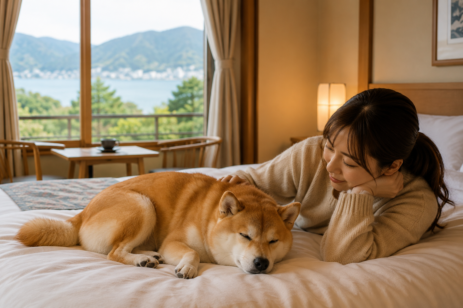 旅行先で柴犬と穏やかに過ごしている様子