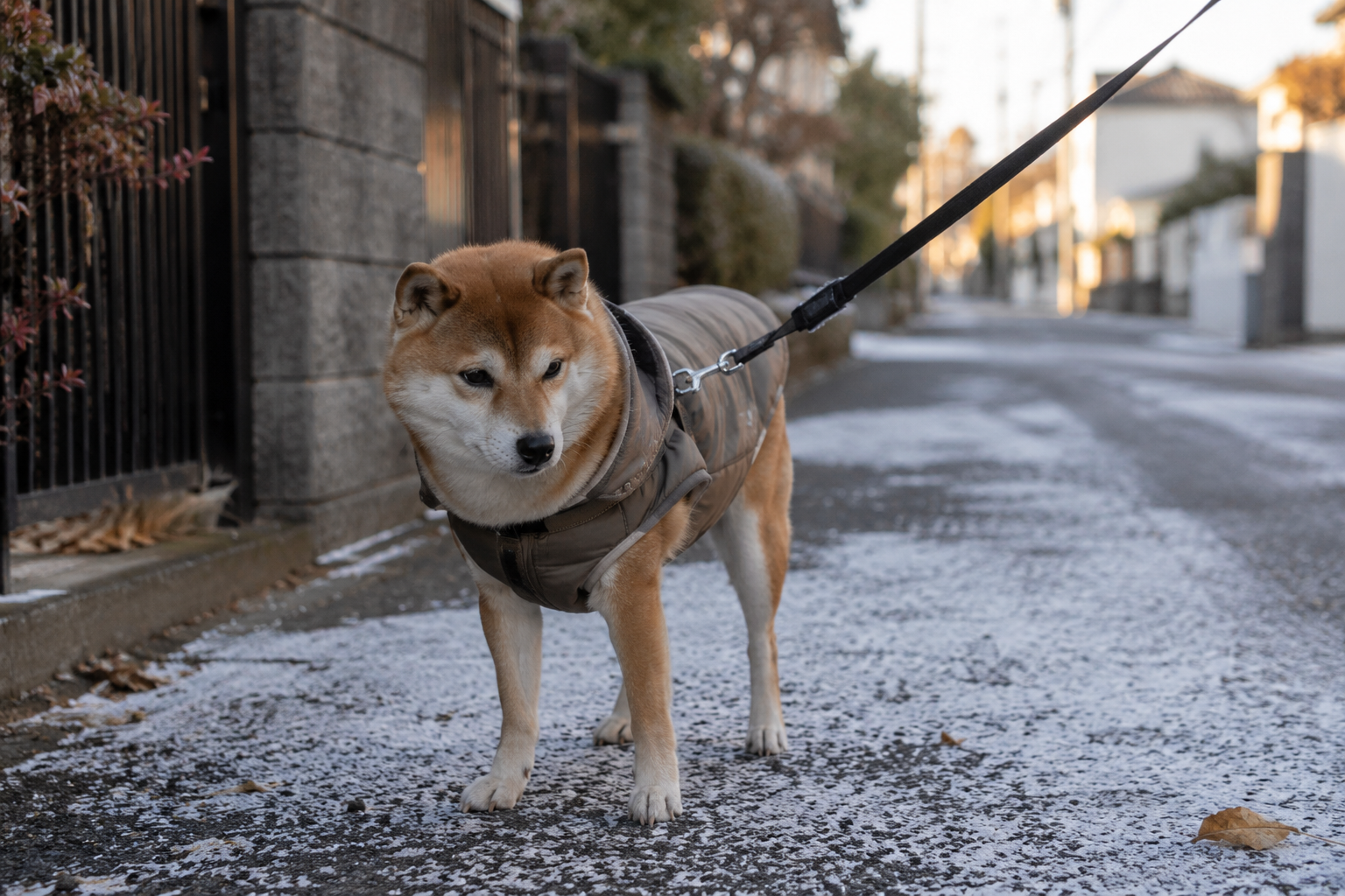 冬の散歩で立ち止まる柴犬