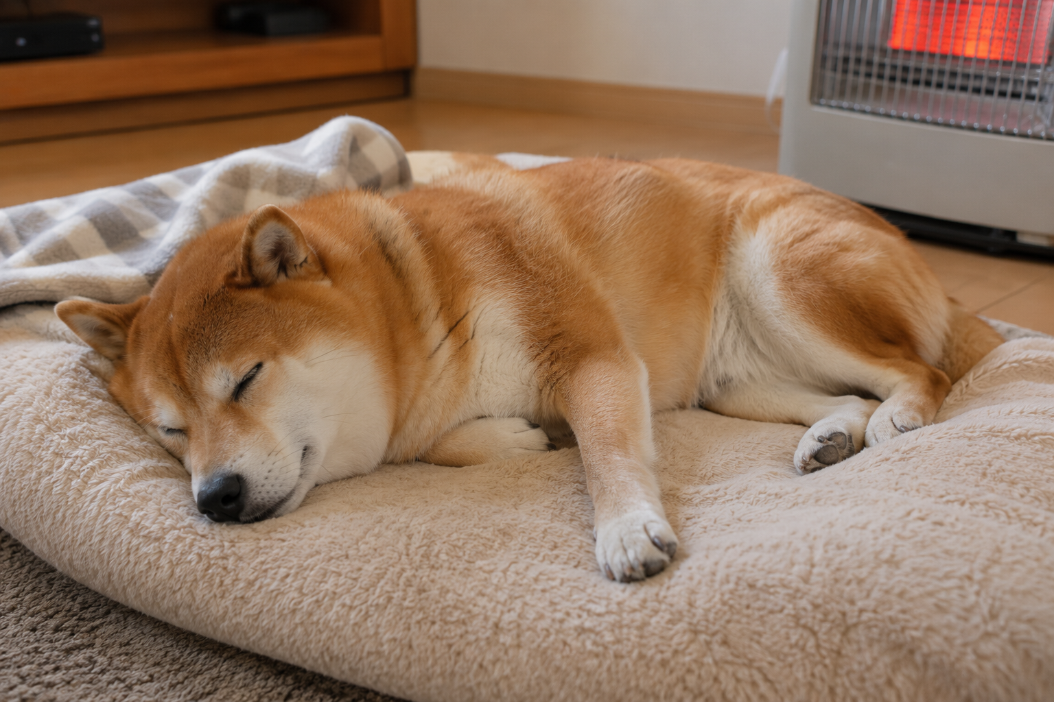 冬の散歩後に安心して休む柴犬