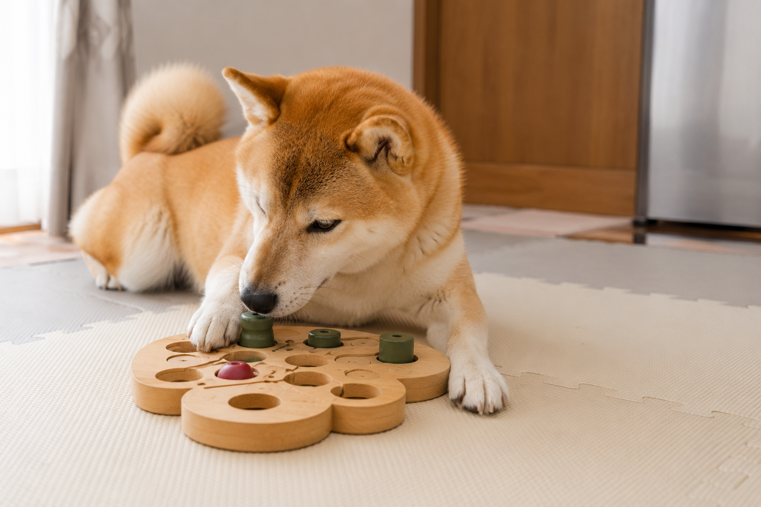知育遊びで満足そうに過ごす柴犬