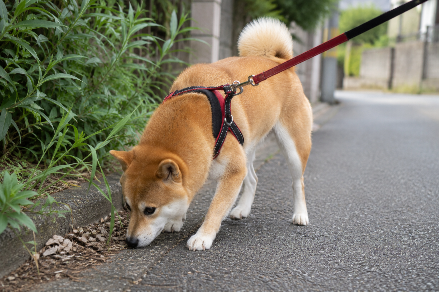 散歩中に楽しそうな柴犬