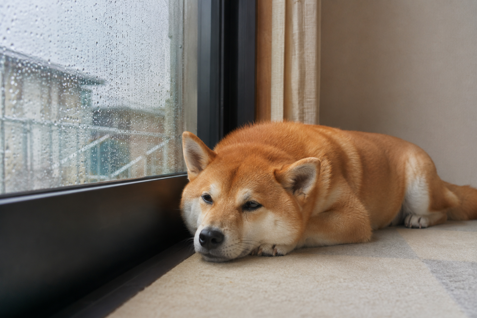 雨の日に退屈そうにしている柴犬