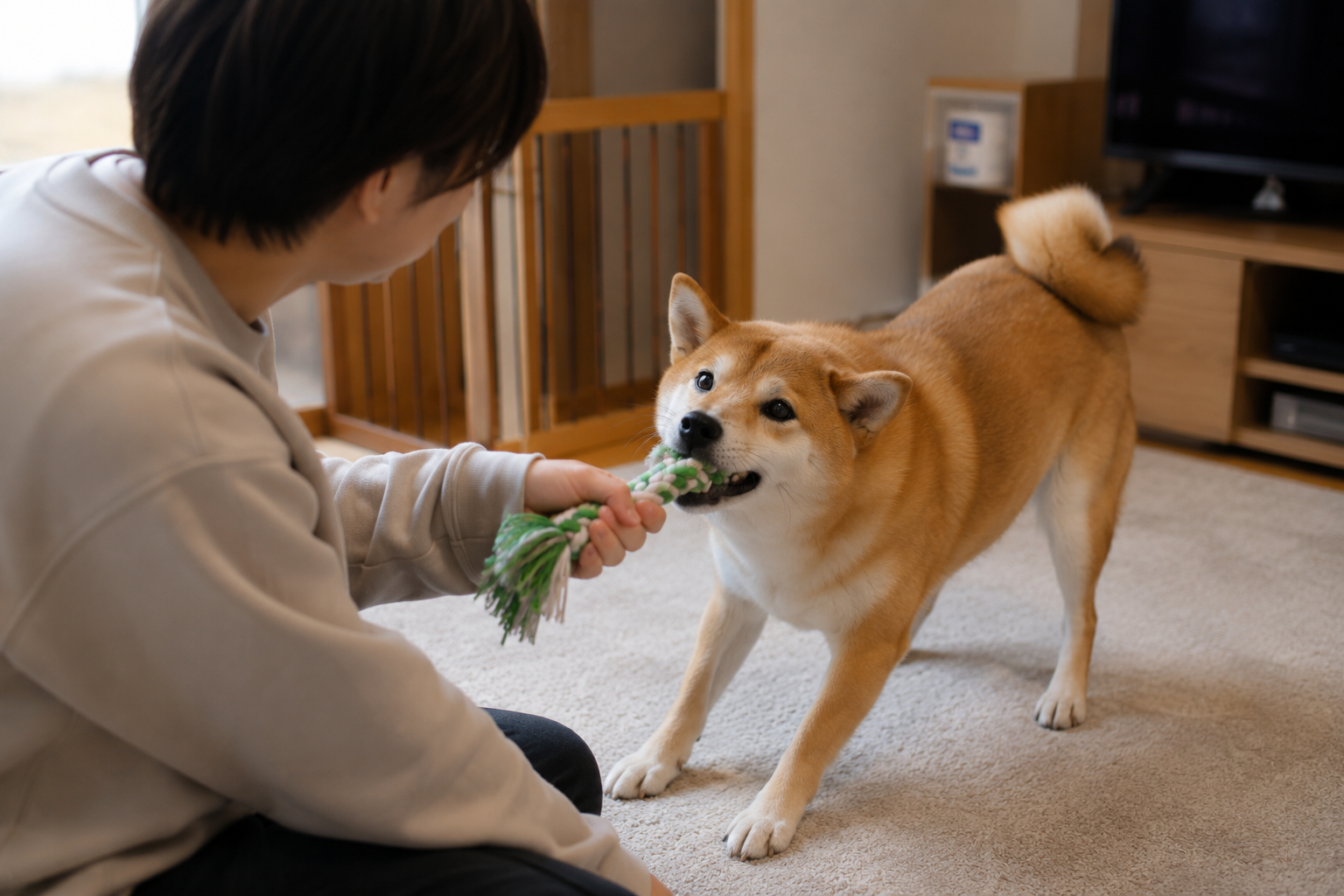 室内で飼い主と遊ぶ柴犬