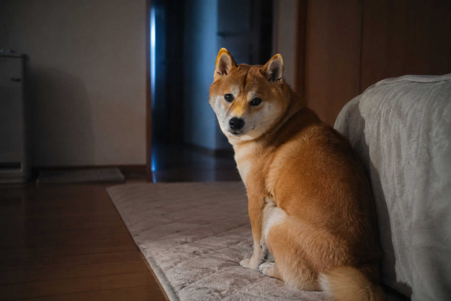 夜に不安そうな柴犬