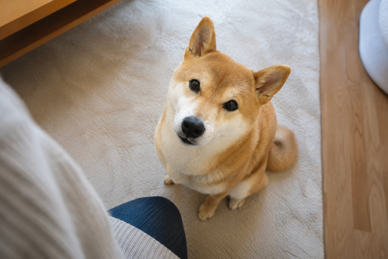 飼い主を見つめる柴犬
