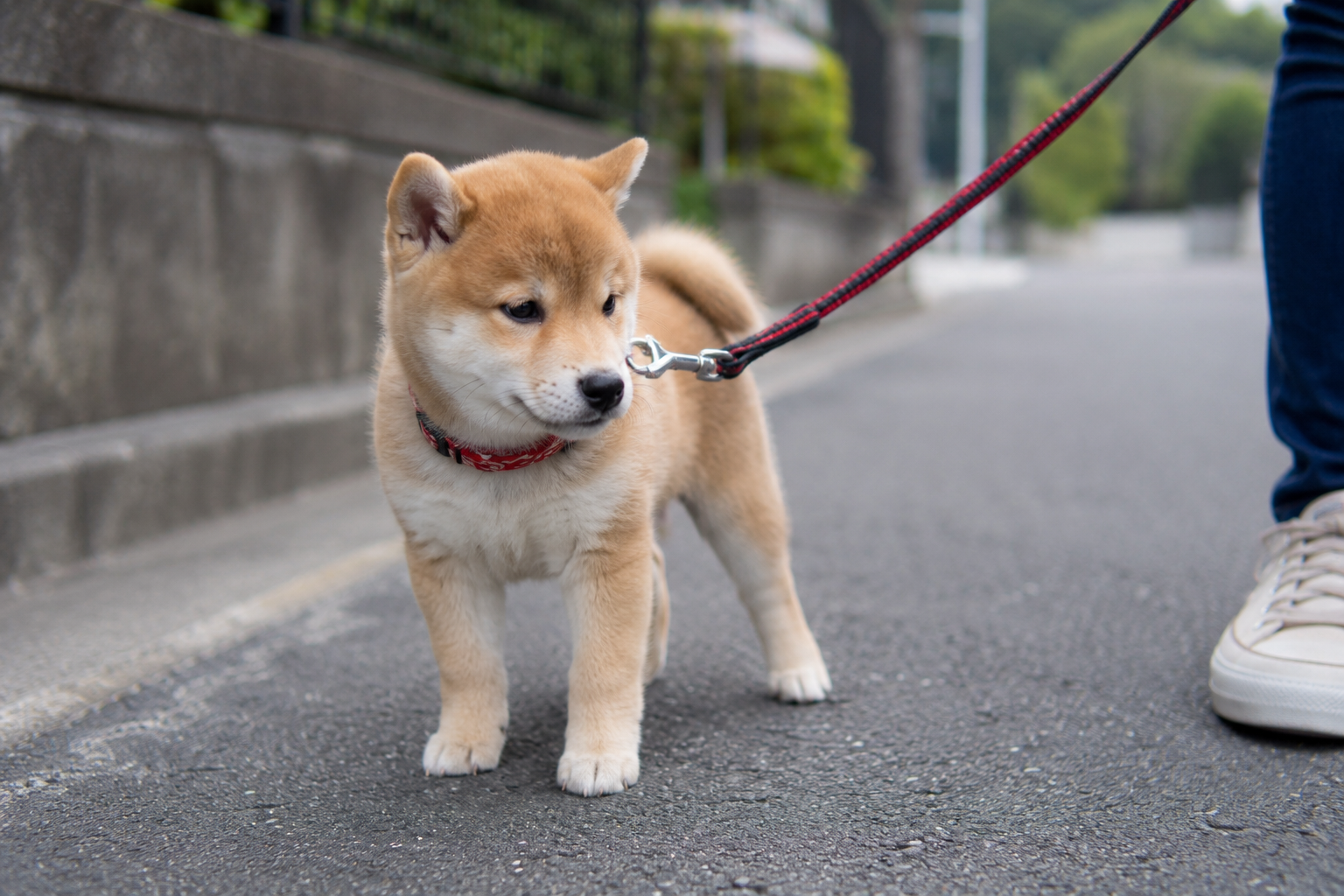 散歩中に立ち止まる柴犬