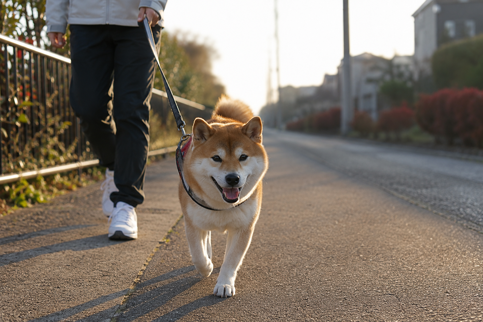 朝の散歩をする柴犬