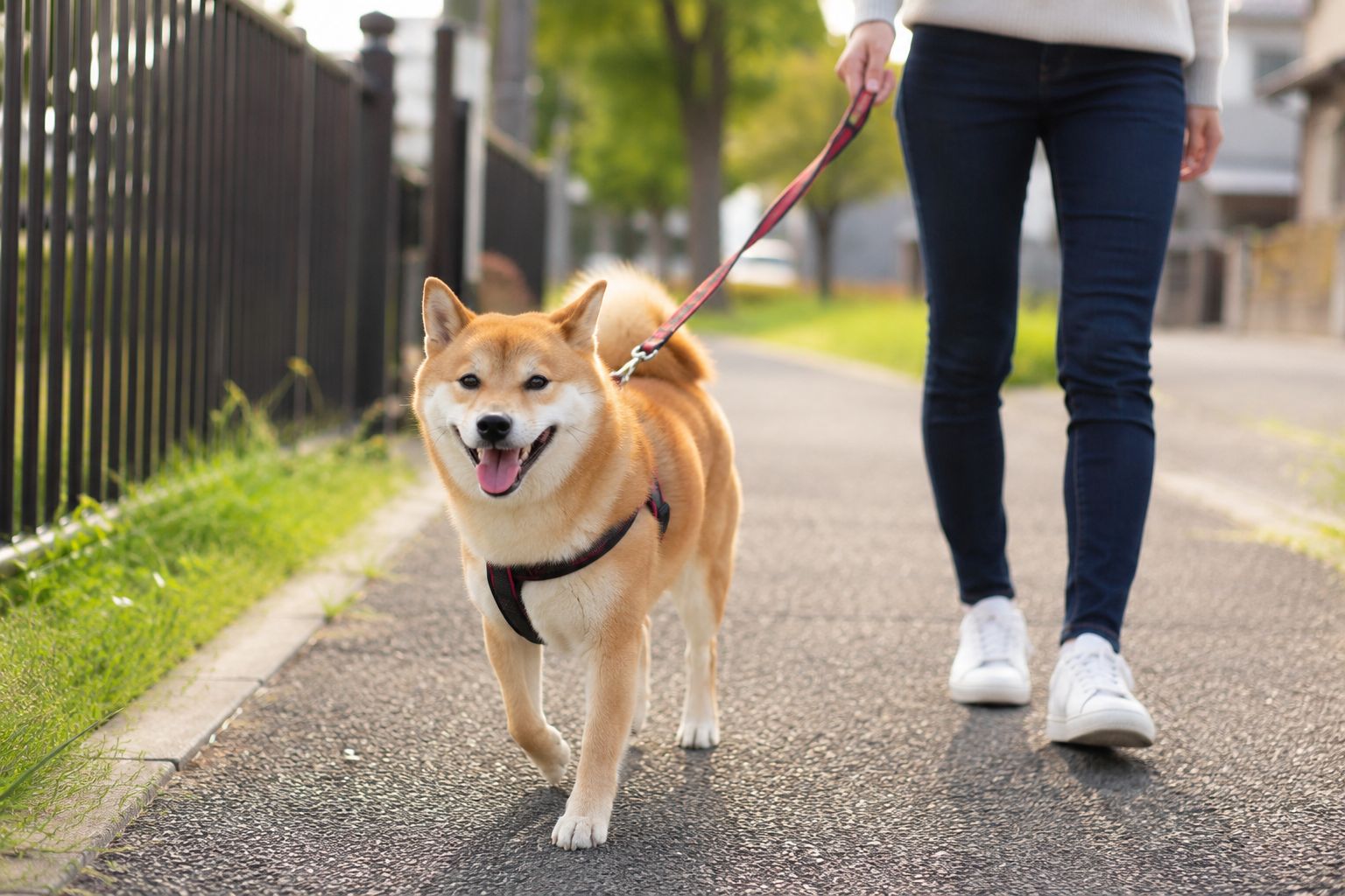 留守番前に散歩する柴犬