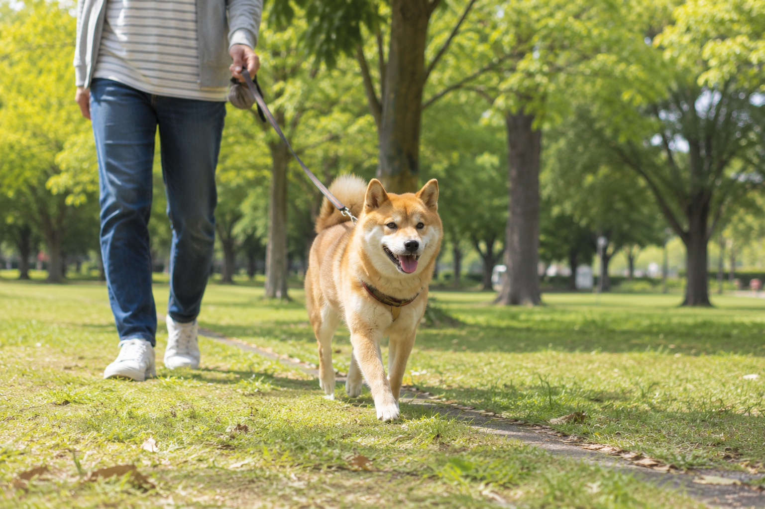 休日に公園を散歩する柴犬