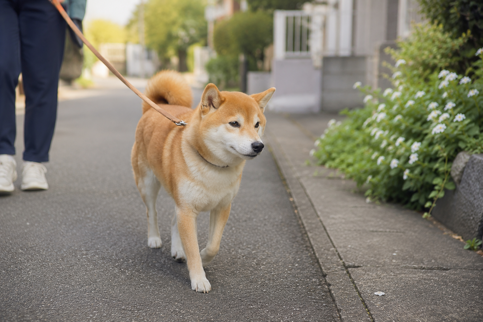 落ち着いて散歩する柴犬