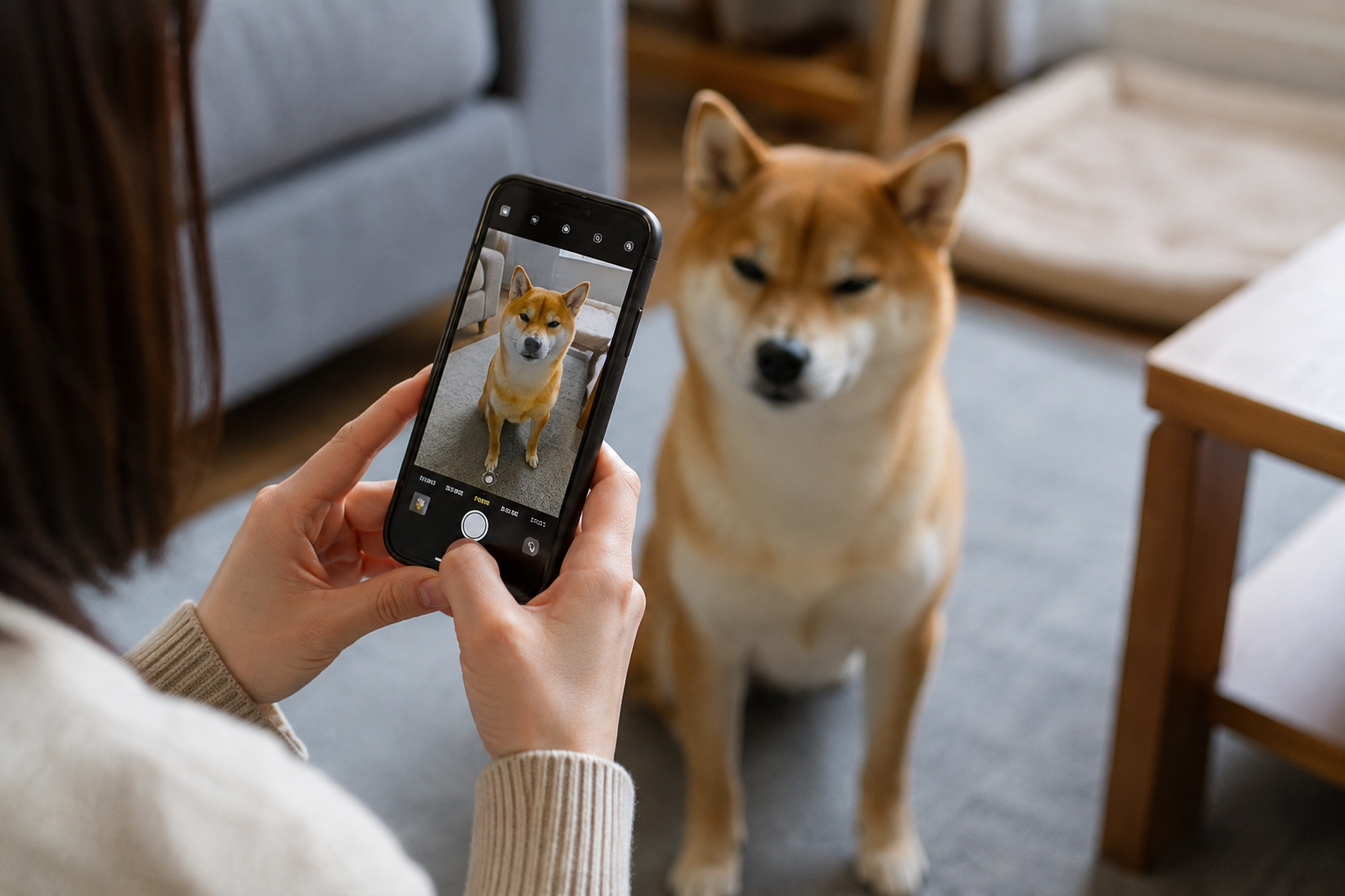 スマホで柴犬の写真を撮る飼い主