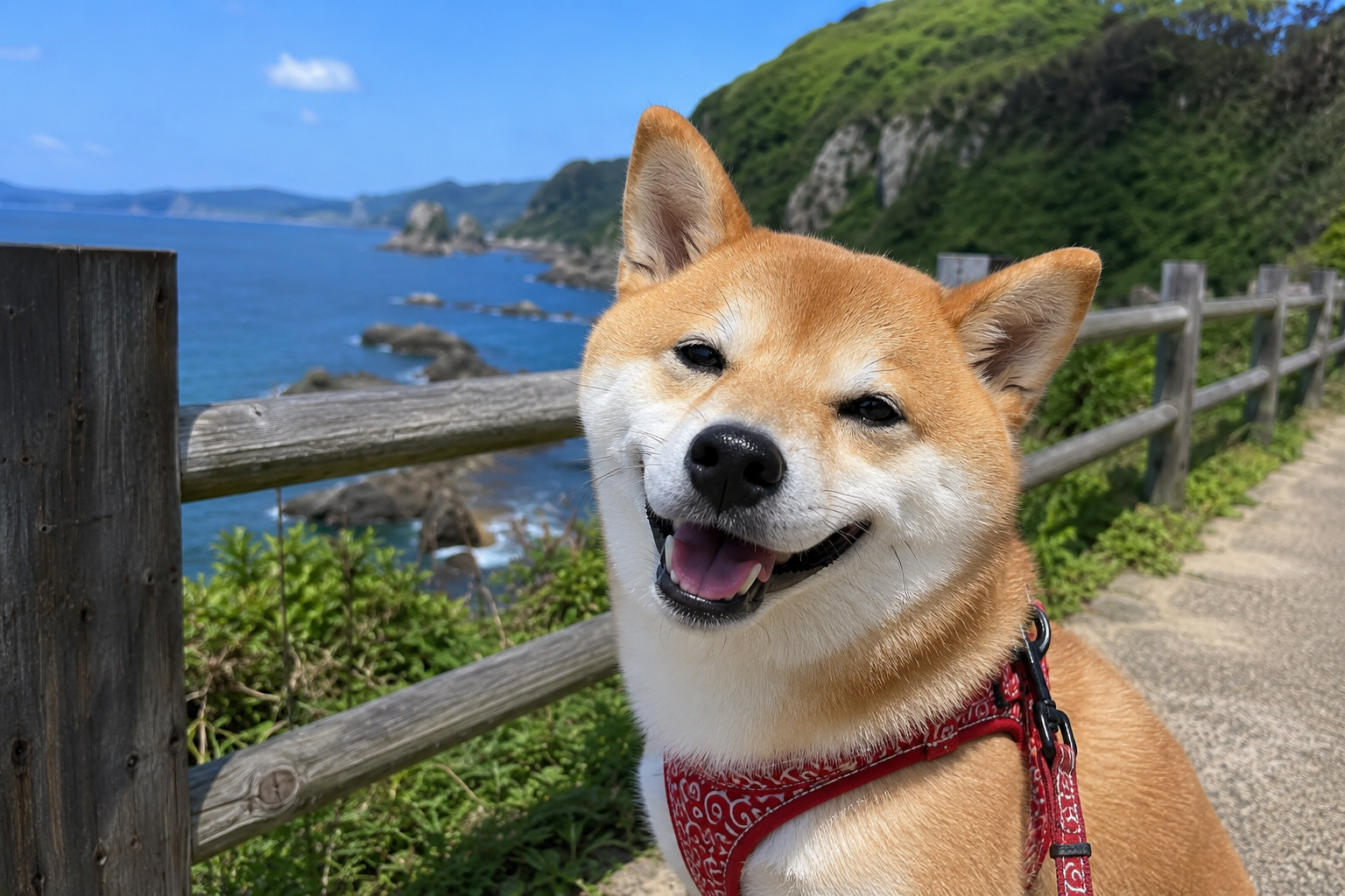 旅行先で笑顔を見せる柴犬