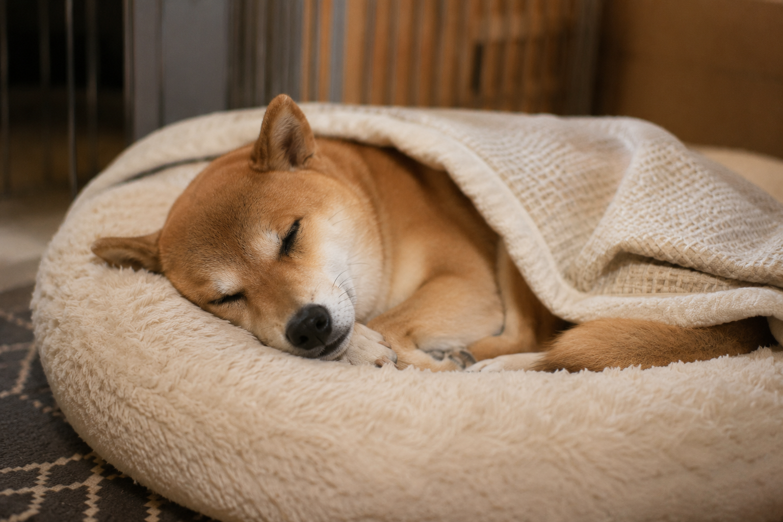 安心した表情で眠る柴犬