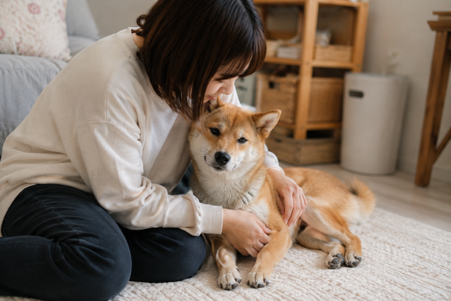 飼い主と柴犬が寄り添う様子