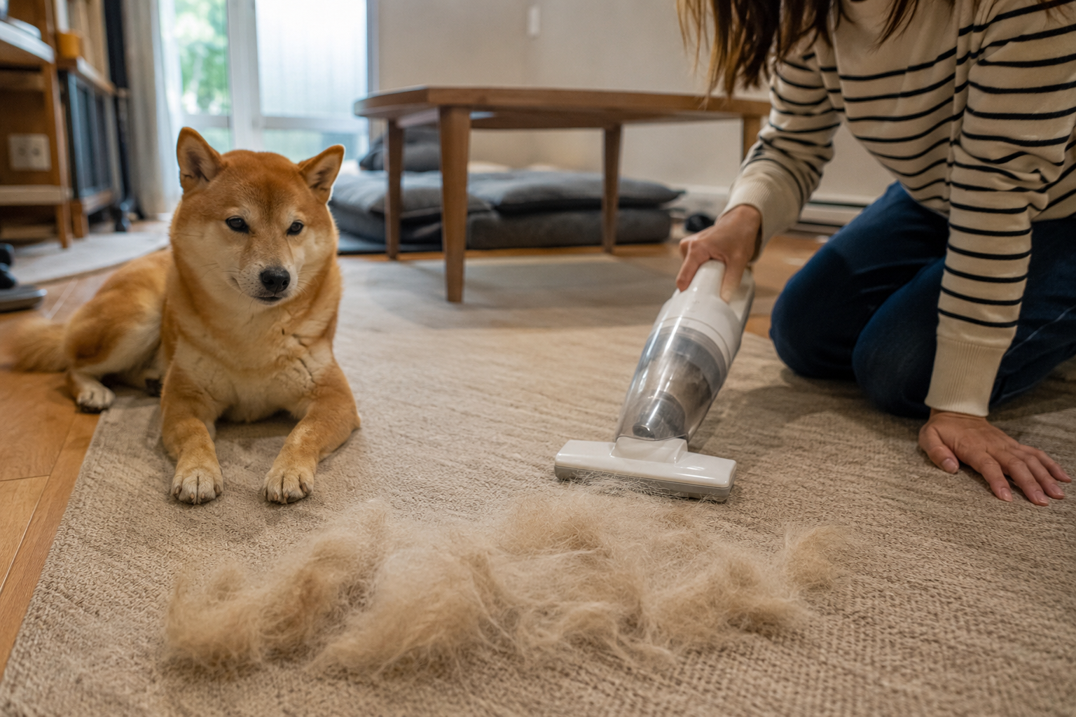 換毛期の柴犬と掃除風景