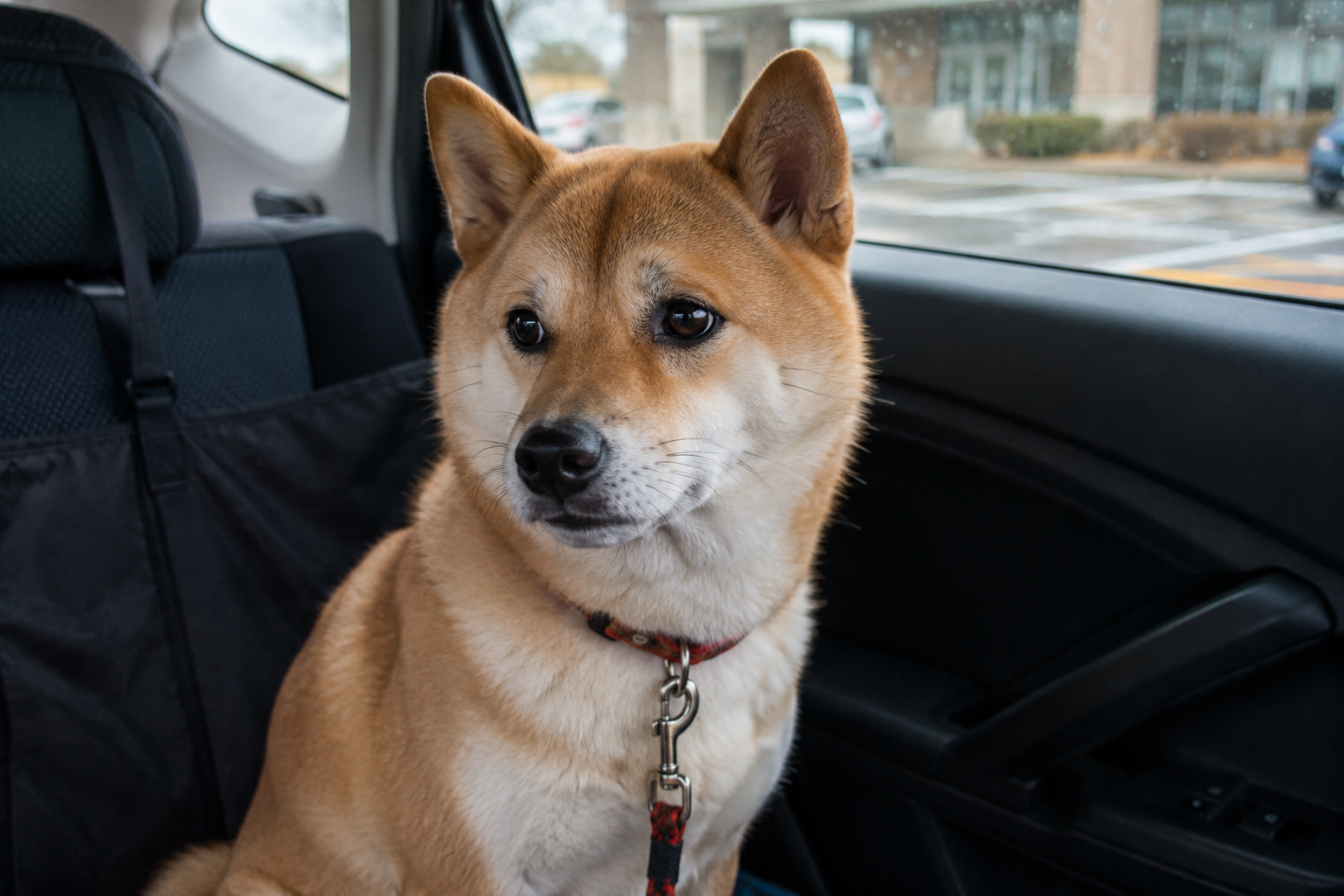 病院前に不安そうな柴犬