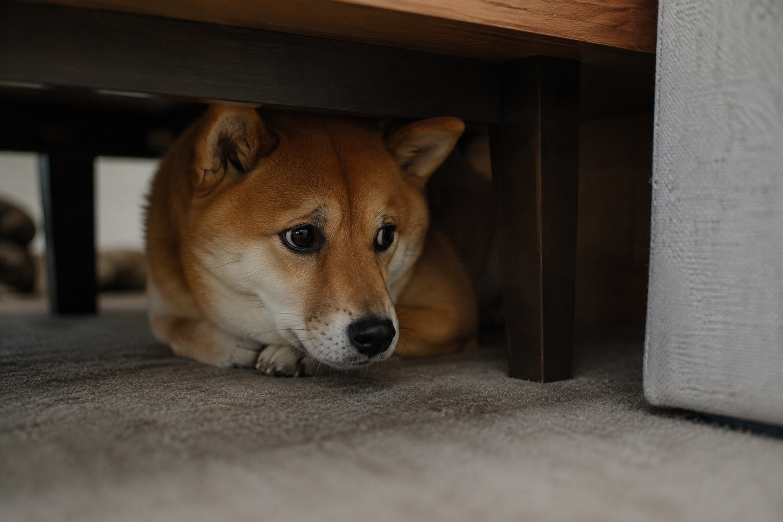 雷の音に不安そうな柴犬