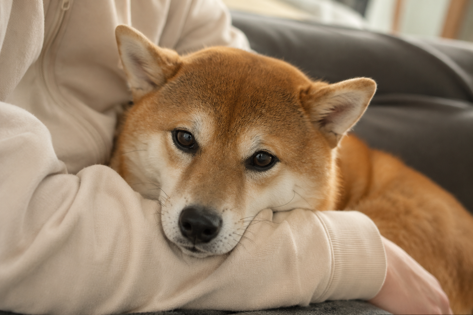 飼い主に寄り添う柴犬