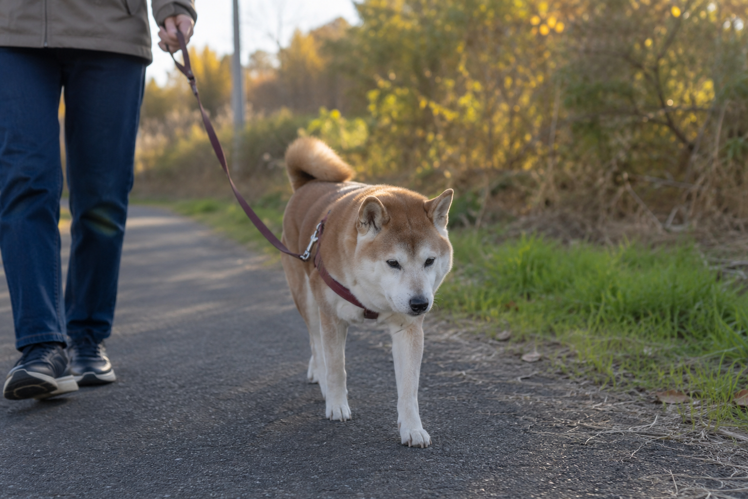 シニア柴犬と散歩する様子