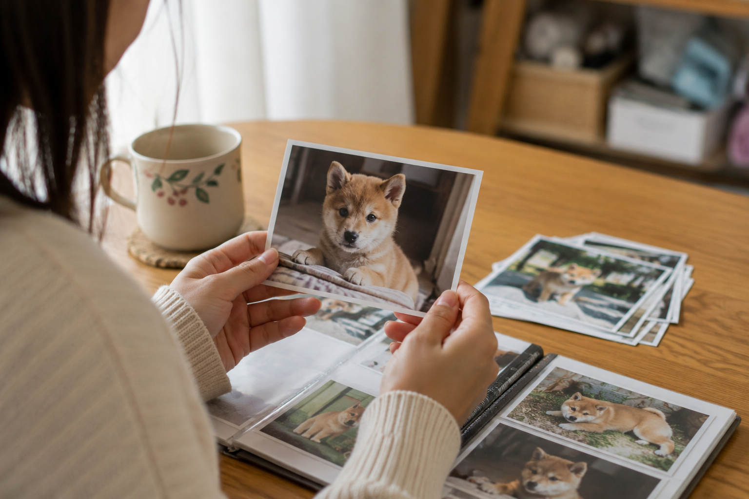子犬期の柴犬写真を見返す飼い主