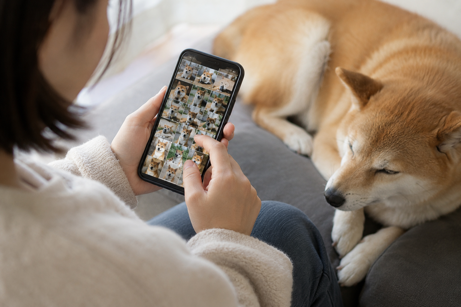 柴犬の写真をスマホで見返す飼い主