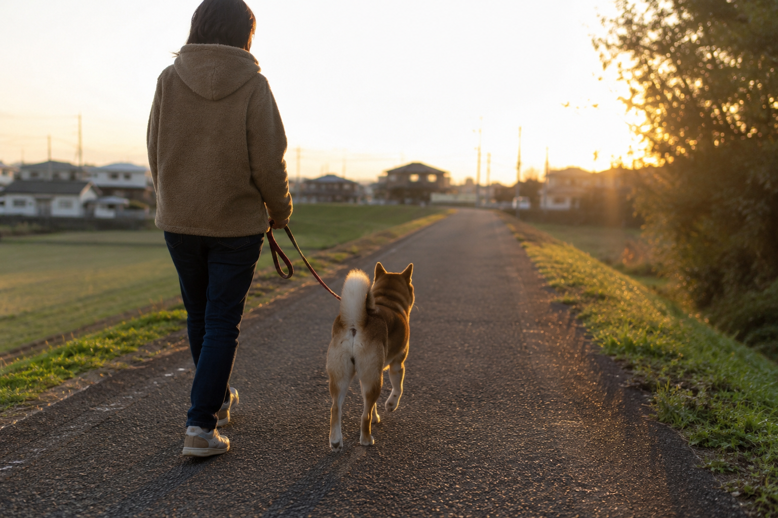 柴犬との夕方の散歩