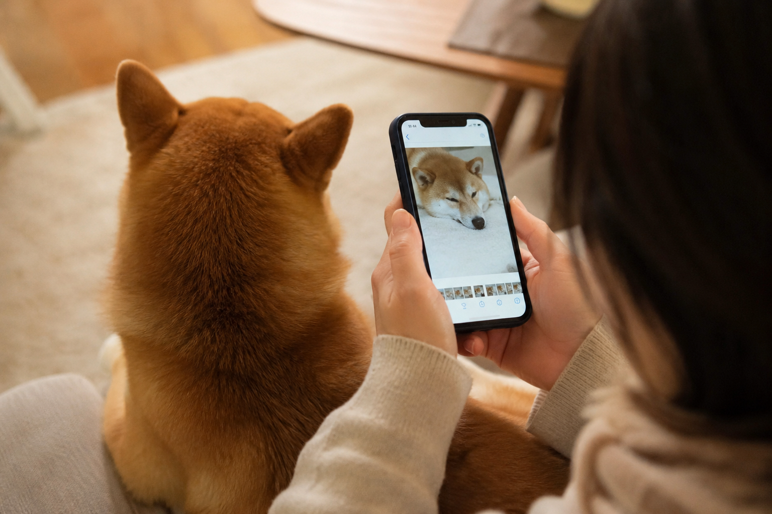 柴犬の写真をスマホで見返す飼い主