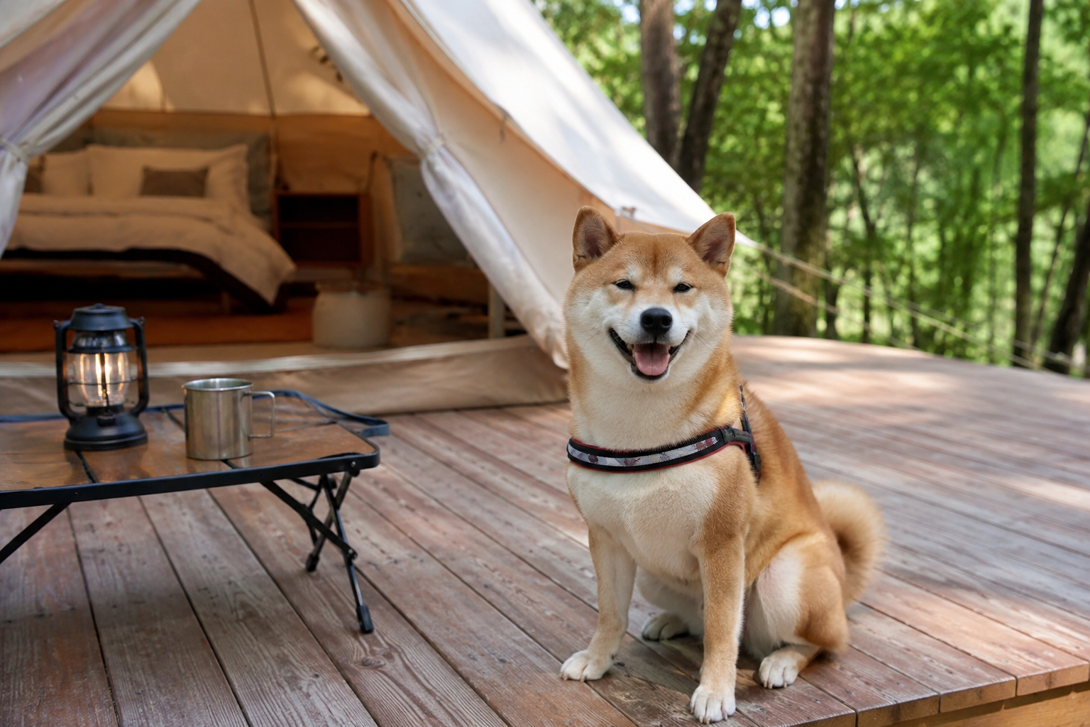 柴犬とグランピングを楽しむ様子