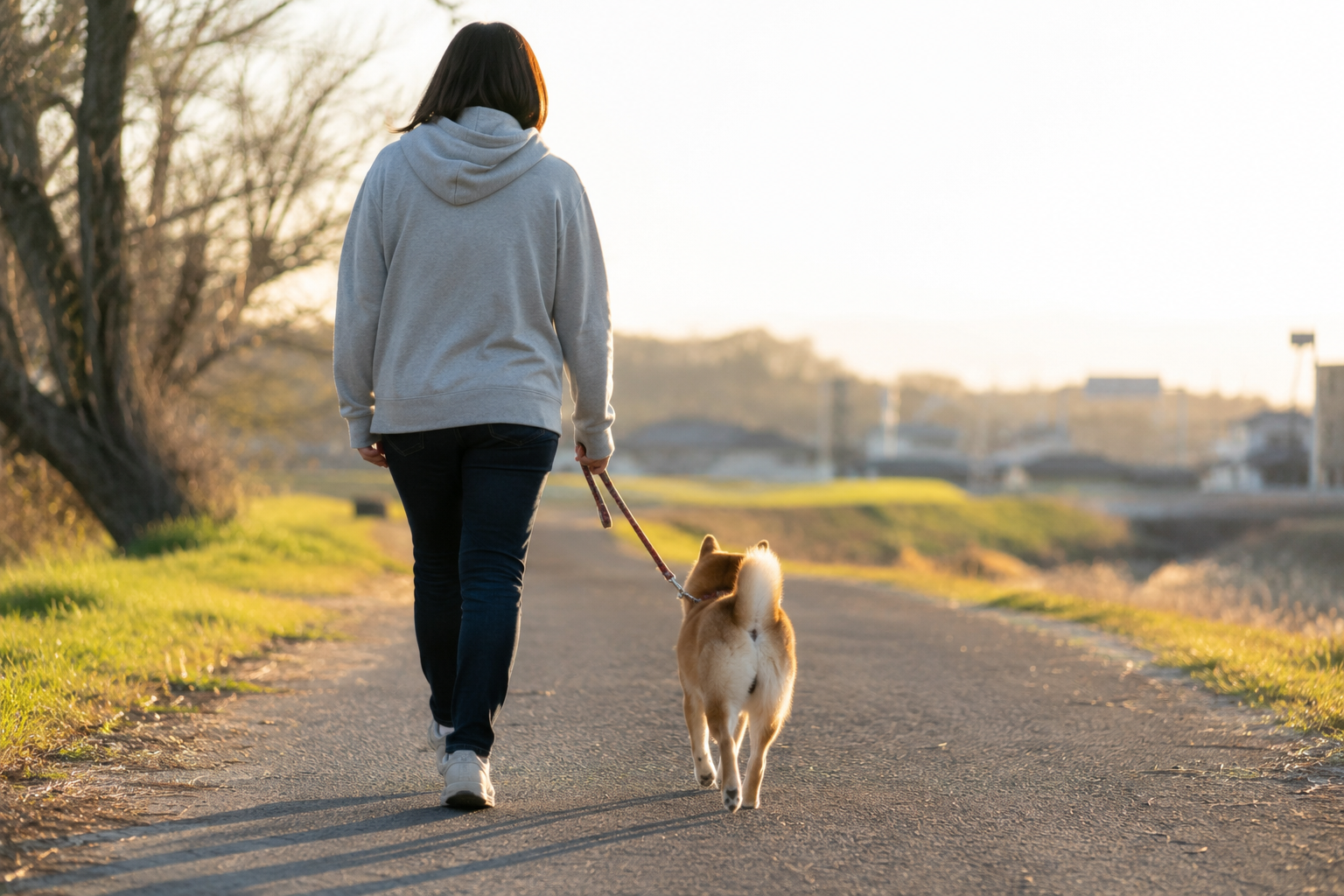 飼い主と柴犬が散歩している後ろ姿