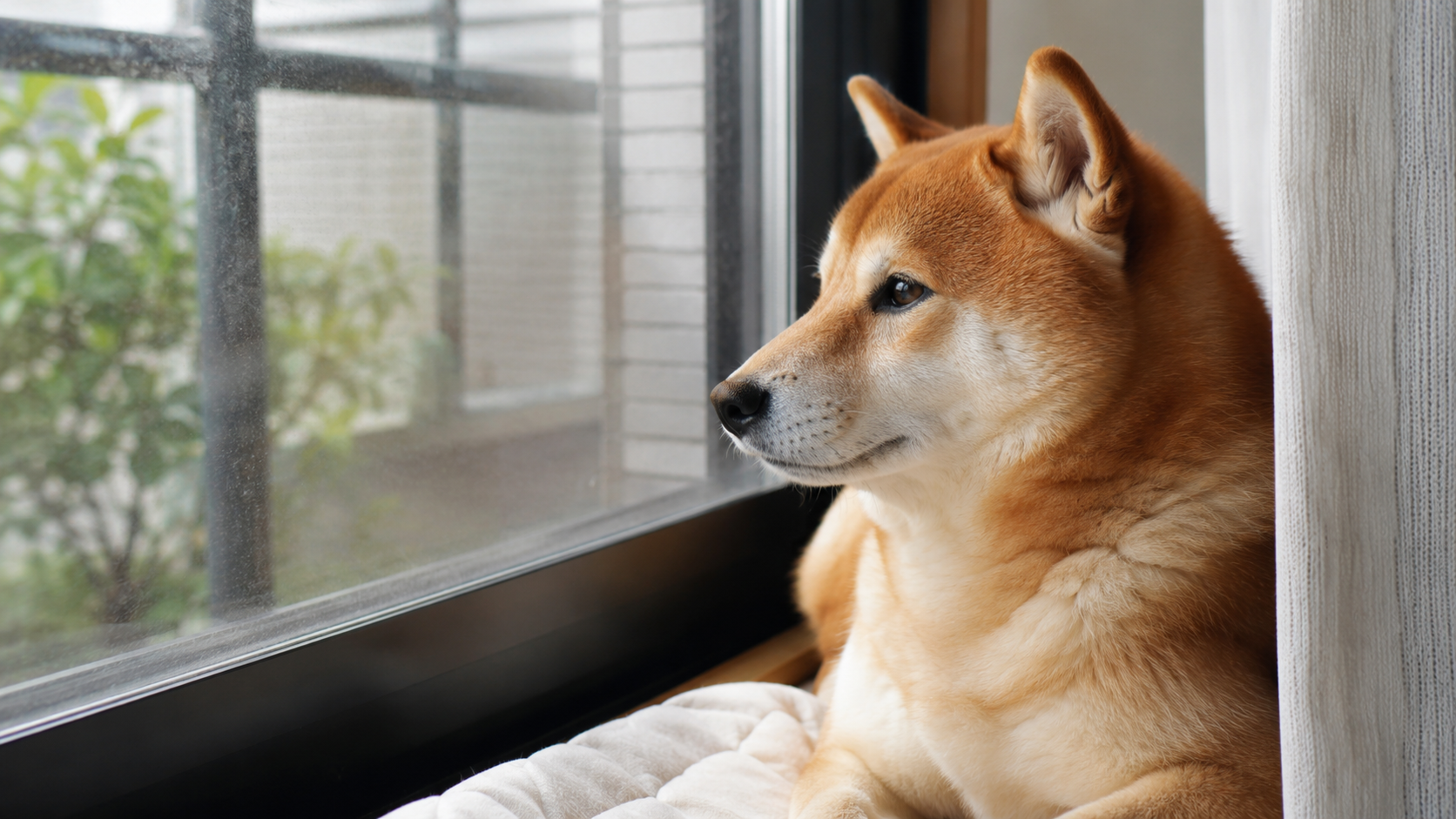 窓辺で静かに座る柴犬