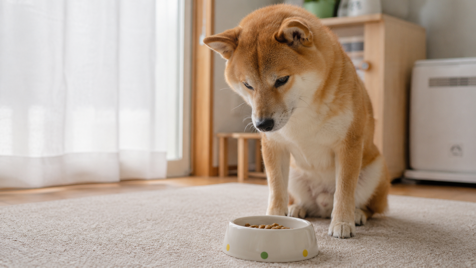 ごはんの前で少し考え込む柴犬