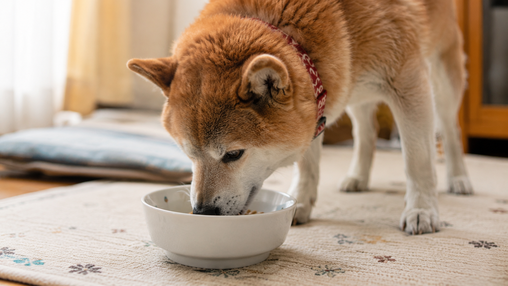 ゆっくりごはんを食べるシニア柴犬
