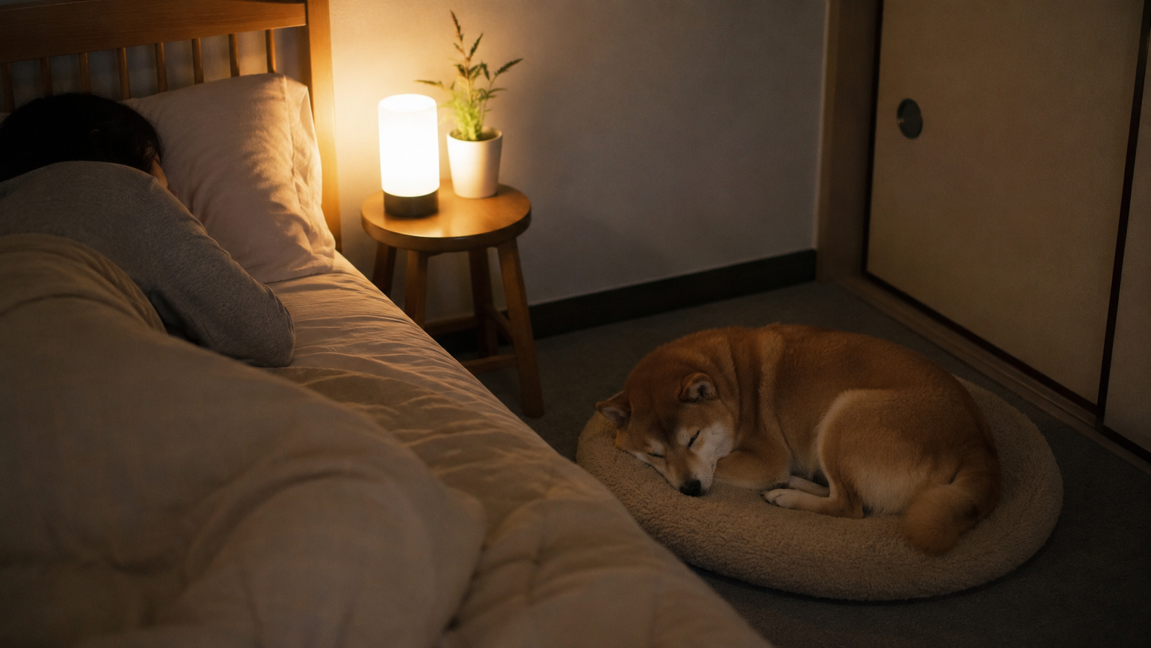 夜に少し距離を取りながら眠る柴犬